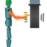 person using a drill to secure a tire on a car, experiencing vibration through their hand and arms from the drill.