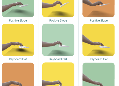 examples of hand and wrist postures when using a standard computer keyboard with a positive, flat, and negative slope. Image shows green, yellow, and orange postures.